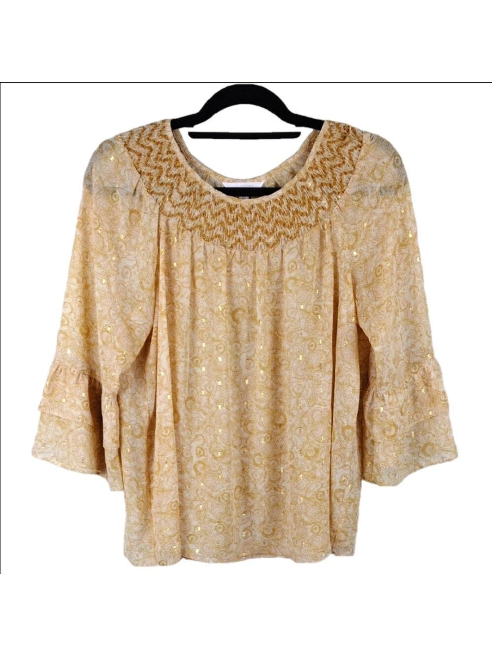 Lauren Conrad Gold Metallic Floral Detail Smocked Neck Bell Sleeve Peasant Top